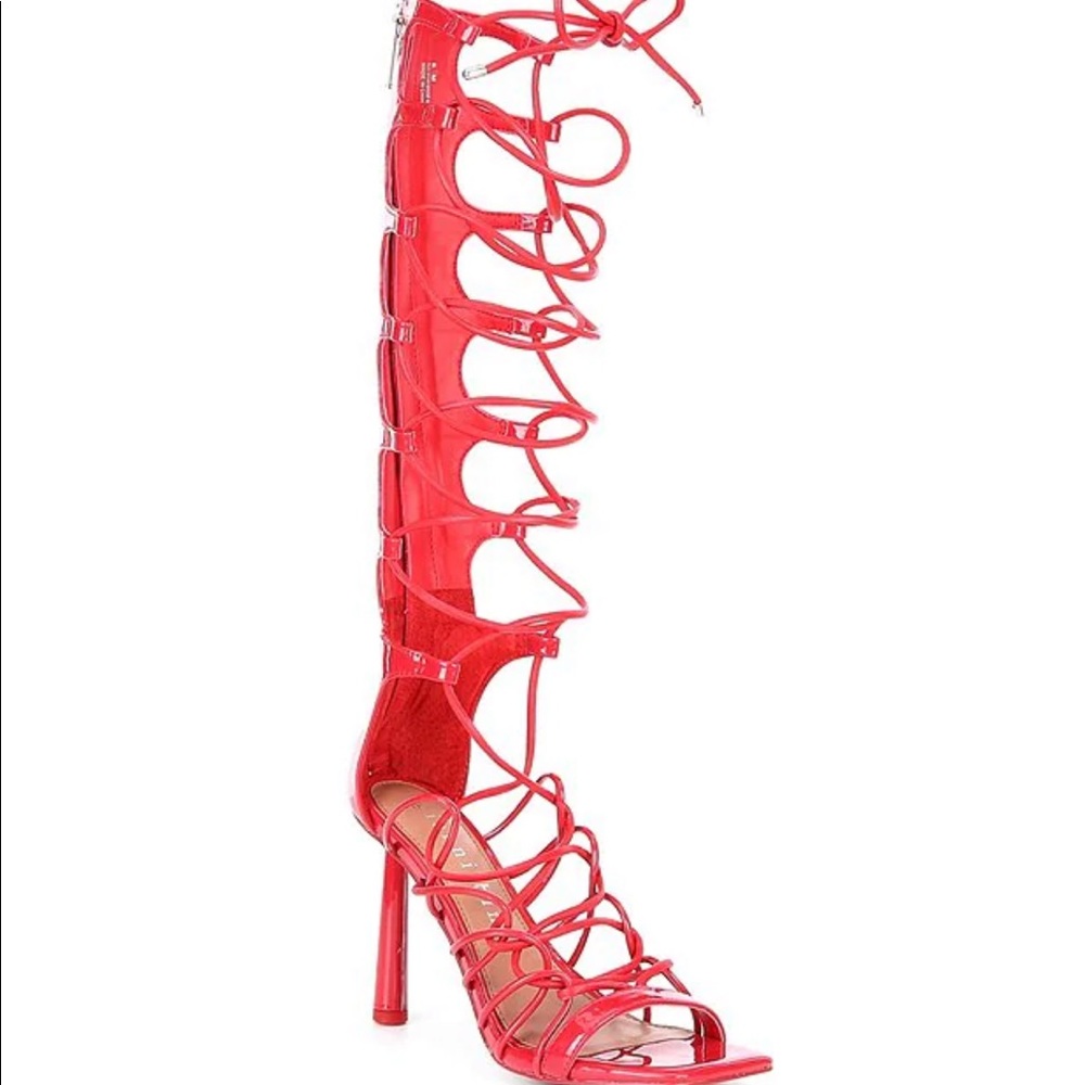 Gianni Bini Rydelle Synthetic Patent Tall Ankle Wrap Lace-Up Dress Sandals